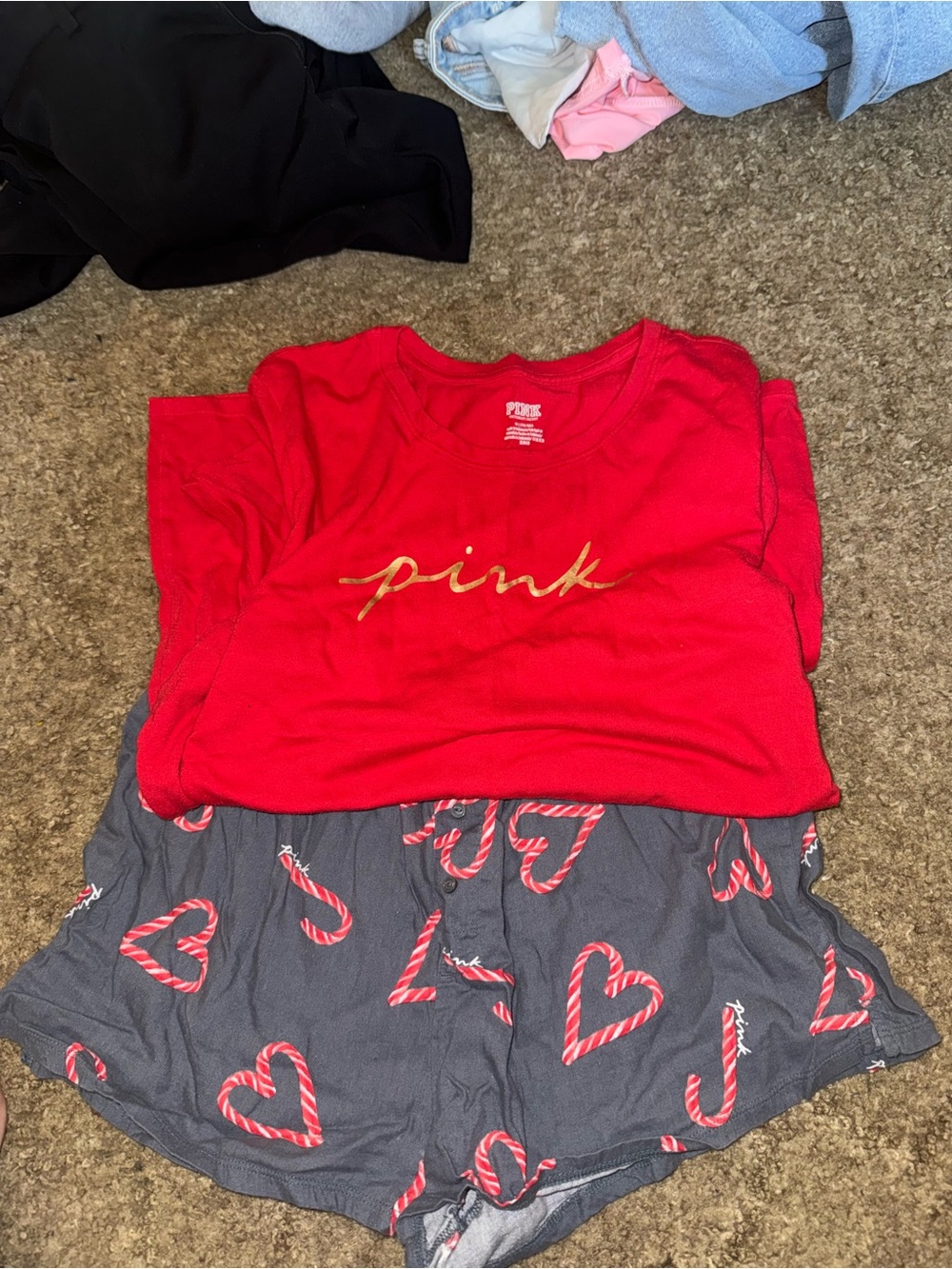 PINK Victoria's Secret Red Top with Gray Heart-Print Shorts Pajama Set
